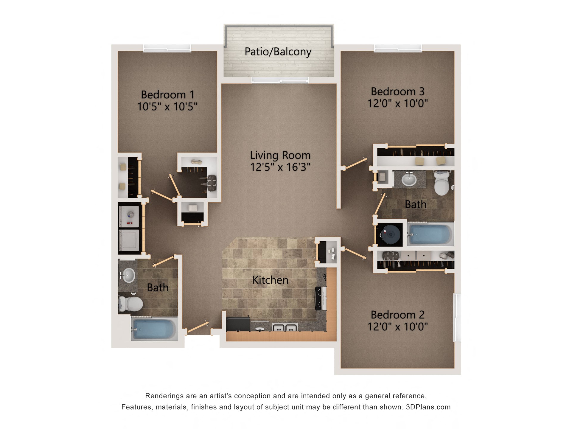 Aspen three bedroom floorplan at Highland View Apartments